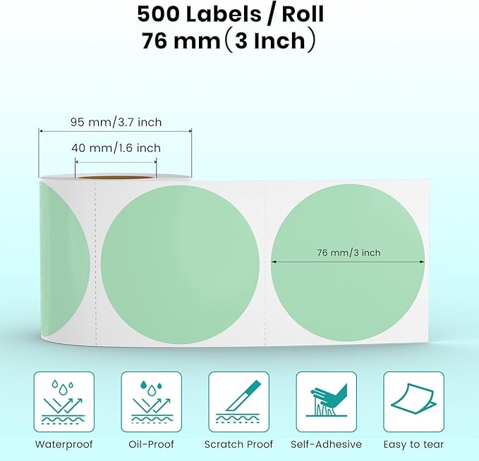 Green Circle Thermal Labels Vinyl 3 Inch Self-Adhesive Round Stickers Roll Waterproof Printer Decals Name Tag for QR Code DIY Office Address 500 PCS