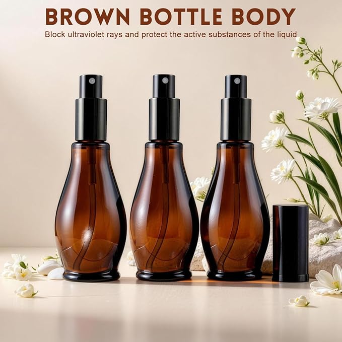 UPSTORE 3PCS Empty Refillable Amber Glass Spray Bottle Jars with Black Cap Cosmetic Vials Sample Packing Storage Containers Fine Mist Sprayer Automizer for Perfume Makeup Water (100ML/3.4oz)
