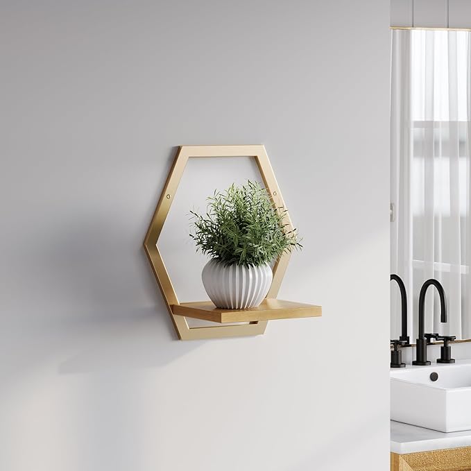 3 Pack Solid Wood & Heavy Duty Metal Wall Plant Stands, 25 LB Load Boho Arch Hanging Planter,9 inch Natural Wood Shelf for Indoor Plants Golden