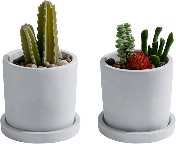 MyGift Set of 2 Mini 4-Inch Gray Cement Succulent Planters – Modern Unglazed Concrete Plant Pots with Removable Saucers