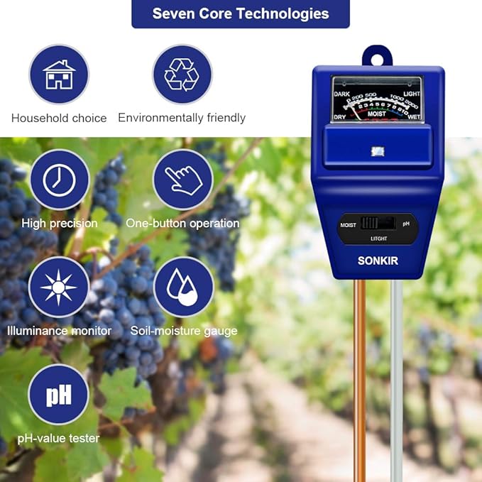 Sonkir Soil pH Meter, MS06 3-in-1 Soil Moisture/Light/pH Tester Gardening Tool Kits for Plant Care, Great for Garden, Lawn, Farm, Indoor & Outdoor Use (Blue)