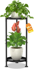 LASZOLA 2 Tier Plant Stand Indoor with Large Metal Tray, Corner Round Flower Holder Rack Tall Outdoor, Morden Planter Display Shelf for Patio Porch Garden Office Living Room, Black