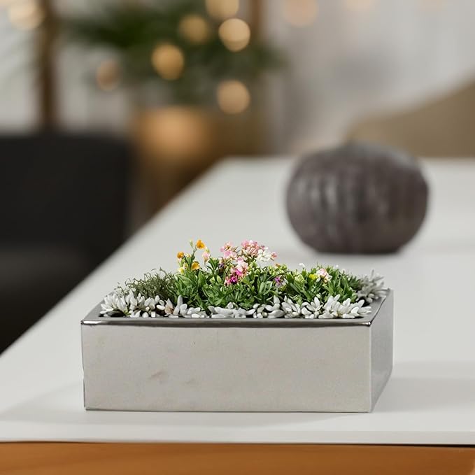 WGVI Long Rectangle Ceramic Planter Vase in Silver 12" x 4" x 4"H, Block Rectangular Terrarium Box Pot, Flower Arrangement, Table top Centerpiece, Home Decor Organization Storage Container, 6 Pcs.