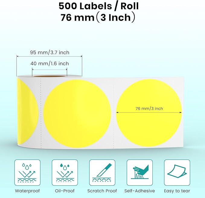 Yellow Circle Thermal Labels Vinyl 3 Inch Self-Adhesive Round Stickers Roll Waterproof Printer Decals Name Tag for QR Code DIY Office Address 500 PCS