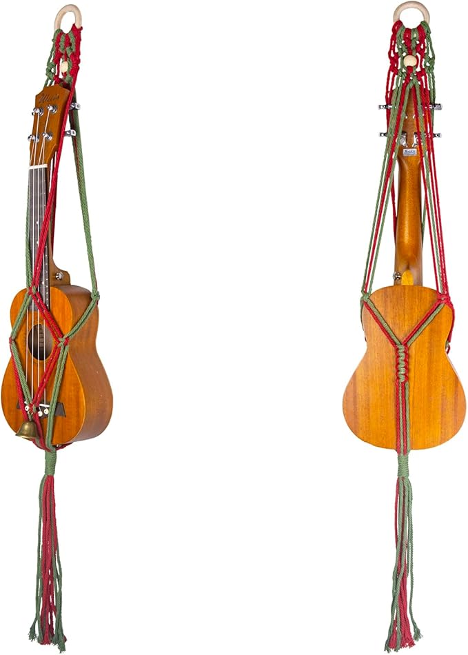 Macrame Ukulele Hanger Wall Mount for Christmas - Handwoven Holder for Soprano Ukulele, Boho Wall Decor, Natural Cotton Rope with Protective Padding