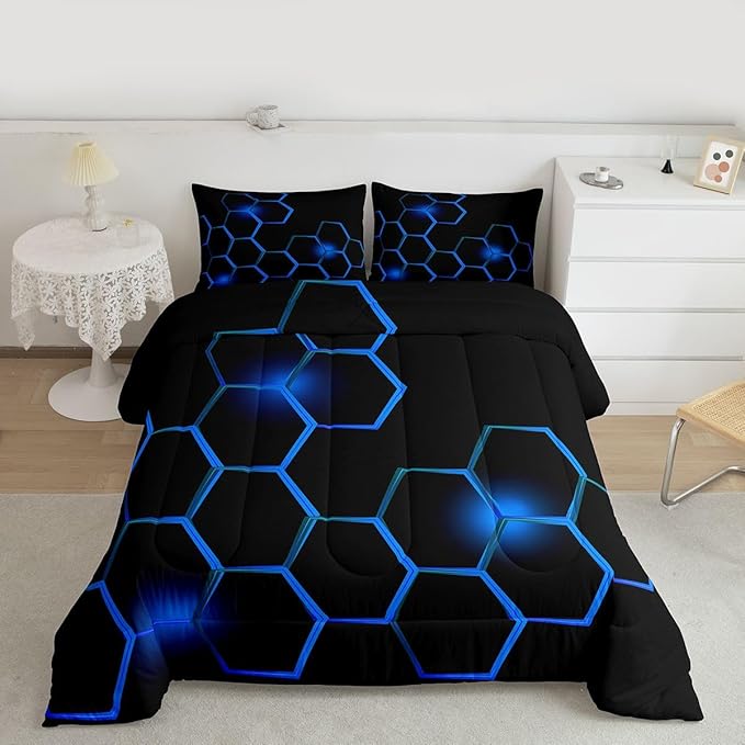 Feelyou Honeycomb Kids Comforter Set ModernHexagon Bedding Set for Boys Children Teens Bedroom Decor Geometrical Comforter Beehive Geometric Black Blue Duvet Set Full Size with 3 Pillow Case