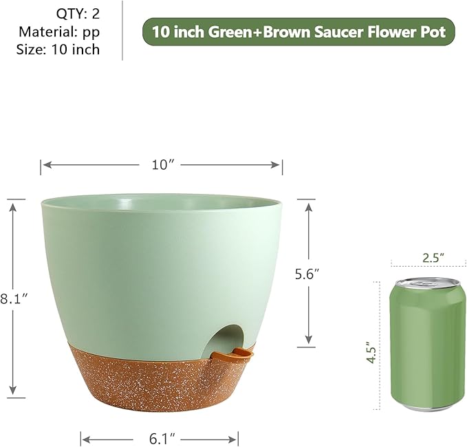WSMKSZ 10 inch Self Watering Pots, 2 Pack Plastic Planters with Mesh Drainage Holes for Garden Plants and Flower, Plants Pots with Deep Reservoir for Indoor Outdoor Plants, Green with Brown