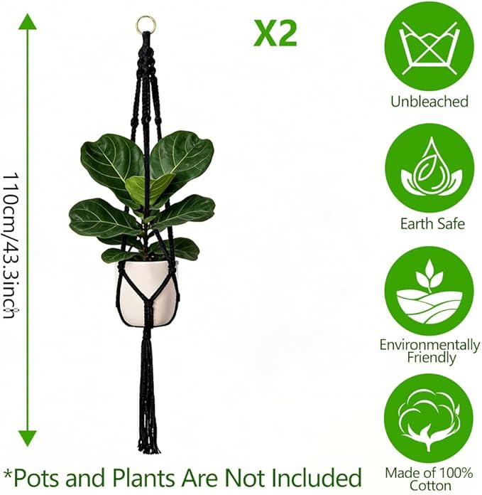 Macrame Plant Hangers 2 Pack Indoor Outdoor Hanging Planter Basket Handmade Rope Hanging Plant Holder for Indoor Outdoor Boho Home Decor 41 Inch, Black
