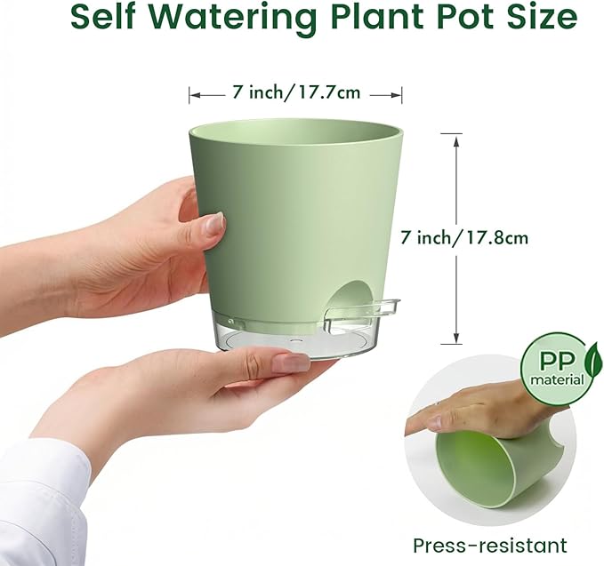 Meowell 7 inch Self Watering Pots for Indoor Plants, 5 Pack Plant Pots with Drainage Holes & Clear Reservoir for Visible Water Level, Plastic Wicking Planter Pots for House Plants and Flower, Green