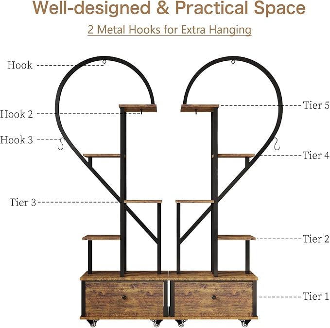 Heart Shaped Indoor Plant Stand with Rolling Storage Cabinet & Drawer, Multi-Tier Plant Shelf with Hanging Hooks & Casters for Home Office Living Room Patio Balcony, Rustic Brown, 2 Pack