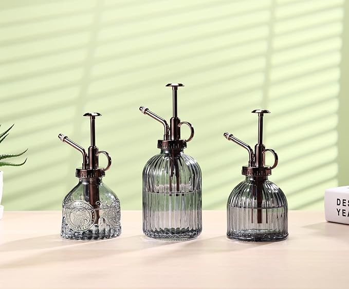 Glass Plant Mister - 7.5" Green Glass Water Spray Bottle with Gold Top Pump, Indoor/Outdoor Small Plant Sprayer (Gray+Bronze)