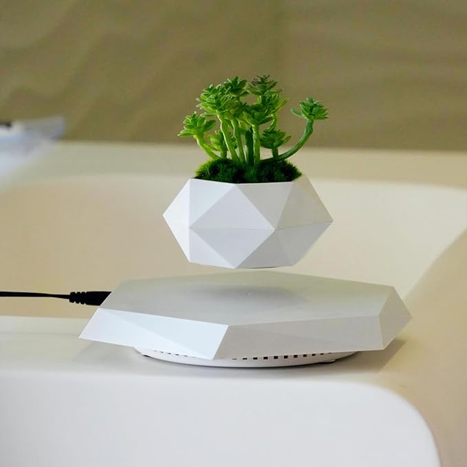 HCNT Levitating Plant Pot, Magnetic Levitation Flower Pot Rotating Planters Suspension Floating Planter Succulents Potted for Home Living Room Office Desk Decoration (White)