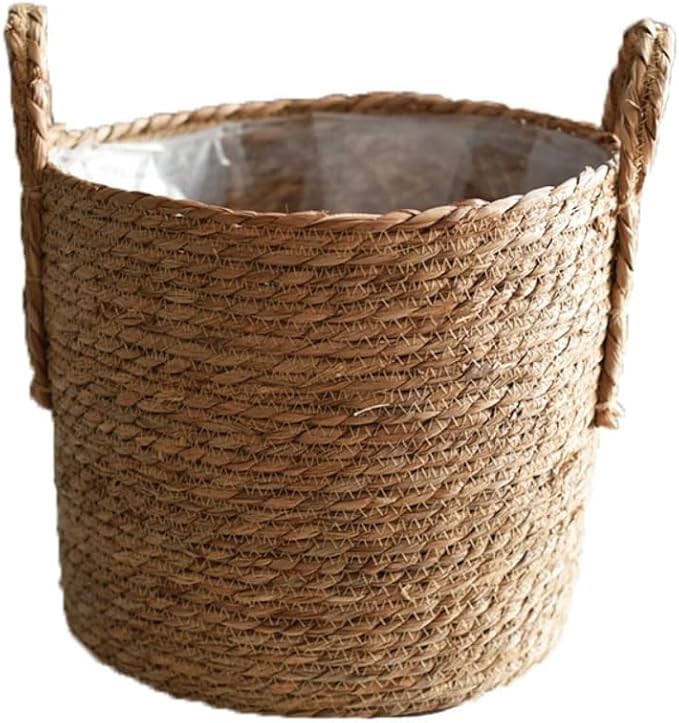 Hand Woven Seagrass Storage Basket Flower Baskets Plant Pot Succulent Organizer For Home Living Room Decorate Landscape Handmade(Natural,7.87''X7.87'')