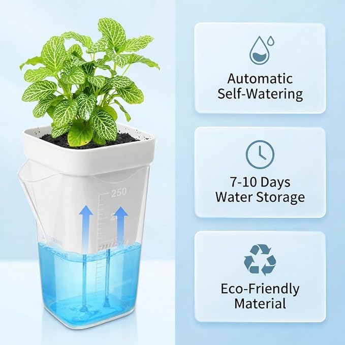 10 Pack 2.5" Self Watering Pots for Indoor Plants with Anti-Tip Tray & Reservoir Refill Bottle, Seed Starter Kit for Seedlings, Cuttings, Succulents, Herbs, 10 Plant Labels