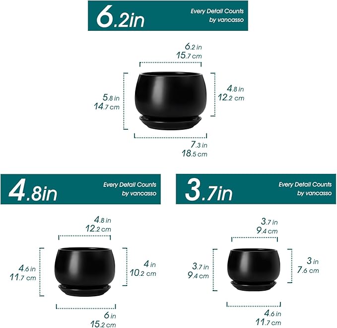 vancasso 3-Pack Ceramic Plant Pots, 3.7/4.8/6.2 Inch Indoor Planters with Saucers & Drainage Hole Planter pots for Indoor Plants and Flower, Black