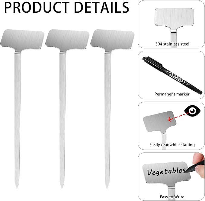 304 Stainless Steel Plant Label, 10 Waterproof Metal Plant Label Stakes and Marker Pen, 7.87" Garden Markers for Outdoor Indoor Plants Identification.