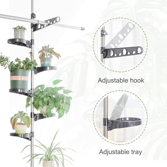 BAOYOUNI Indoor Plant Pole Stand Double Tension Rods Flower Pot Storage Shelf Holders Floor to Ceiling Display Rack Hanger with 12 Trays, 2 Hooks & 1 Telescopic Rod for Clothes Drying, Grey