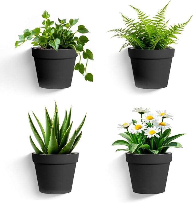 Asnext 2 Pack Plastic Wall Planter for Indoor Plants, 7.5 Inch Hanging Wall Planter Pots, Wall Mounted Succulent Planters (Black)