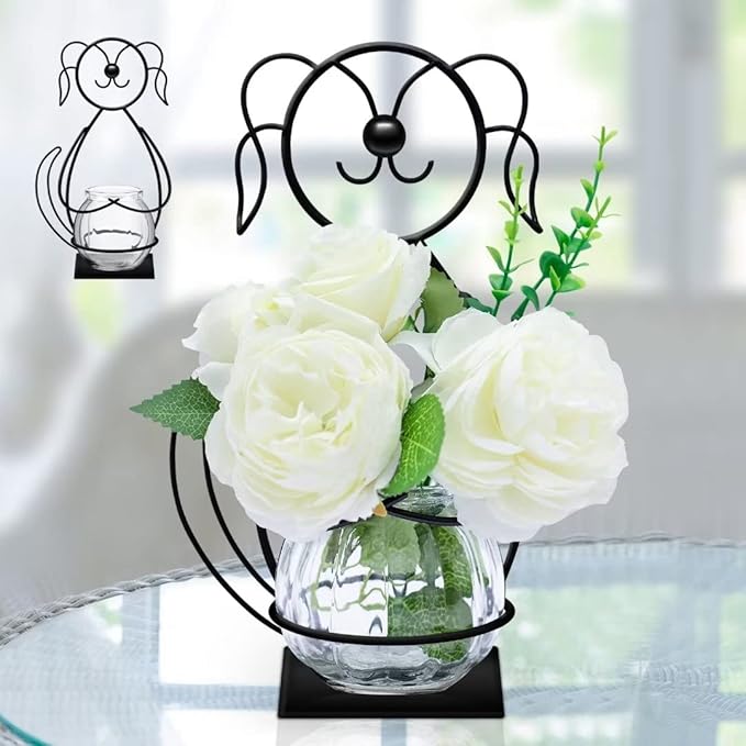 Desktop Glass Planter Vase Holder, Metal Dog Plant Terrarium Stand for Plants Creative Decorations for Home Patio Lawn Garden …