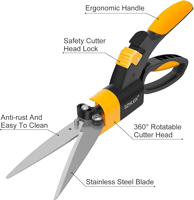 SZHLUX Grass Shears 360-Degree Swivel Blades, Ultra-Sharp Grass Cutter with 5’’ Stainless Steel Blades, Gardening Shears and Plant Cutting Scissors
