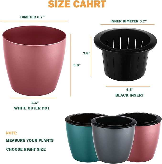 Planterhoma 6.7 Inch Self Watering Pots for Indoor Plants, 6 Packs African Violet Pots, Black Wick Pot with Drainage Holes, Self Watering Planters for Orchid, Devil's Ivy, Silver/Rose Gold