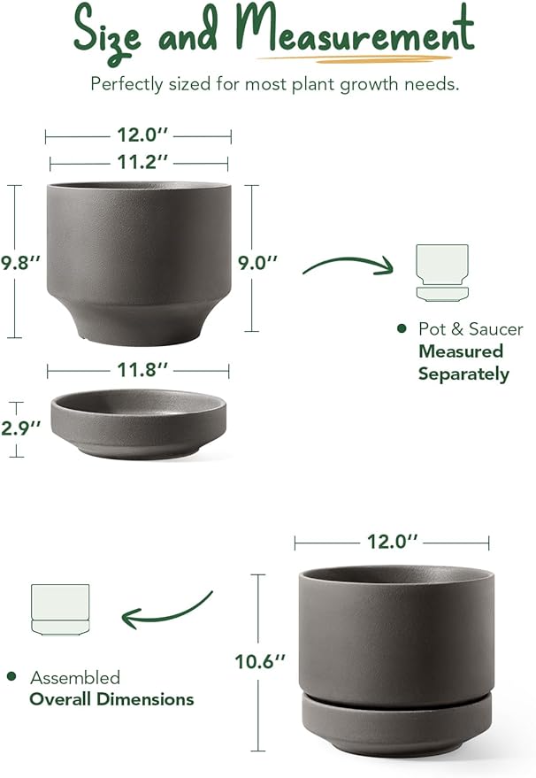 LE TAUCI 12 Inch Pot for Plants with Saucer, Ceramic Indoor Planter Pot with Drainage Hole, Mesh Pad Included, Unglazed Porous Ceramic, Modern for Home and Office, Charcoal Gray