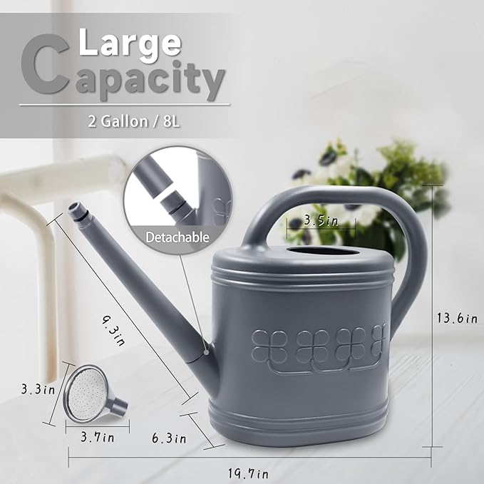 2 Gallon Watering Can, Outdoor Watering Can for Plants, Garden Water Can with Removable Long Spout and Stainless Steel Sprinkler Head, Large Water Can for Greenhouse (Grey, 2 Gallon)