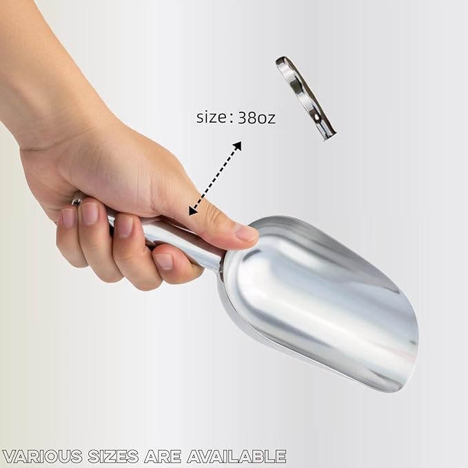 38oz Ice Cube Endurance Scoop, Cast Aluminum Shovel, Kitchen Utility Scoops With Finger Groove Handle, Ideal for Ice Cube, Coffee, Bean, Food, Candy, Flour, Popcorn Rust Free - Silver