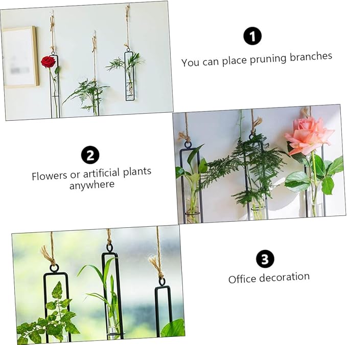 Hanging Glass Hydroponic Vase Set 3pcs with Test Tubes and Iron Frames, Wall-Mounted Plant Propagation Station for Home Décor and Garden Display, Includes 3 Hemp Ropes and 3