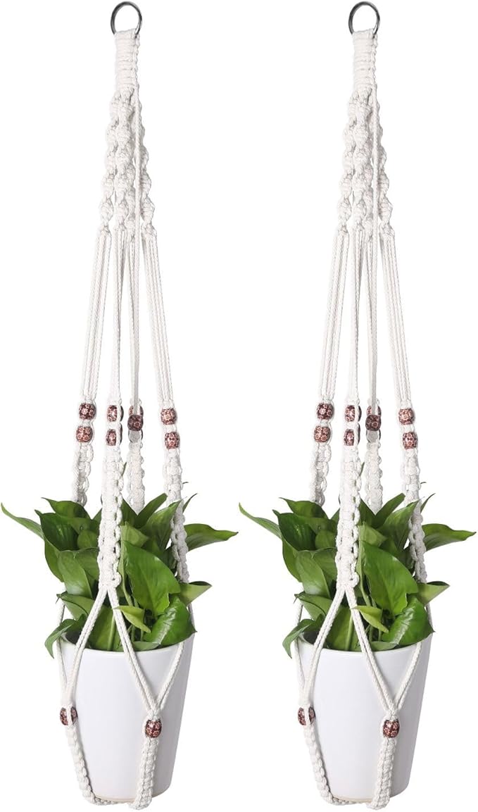 Flexzion 2 Pack White Macrame Plant Holder - 35 Inch Pot Hangers for Plants with C & S Hooks, Indoor Hanging Plant Holder with Woven Cotton Rope for Home Decor (Plant Pot Not Included)