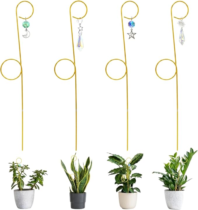 Small Trellis for Potted Plants Indoor with Crystal Sun Catcher, 4Pack Golden Metal Plant Stake for Home Window Garden, Plant Accessories Indoor Decoration (13inch)