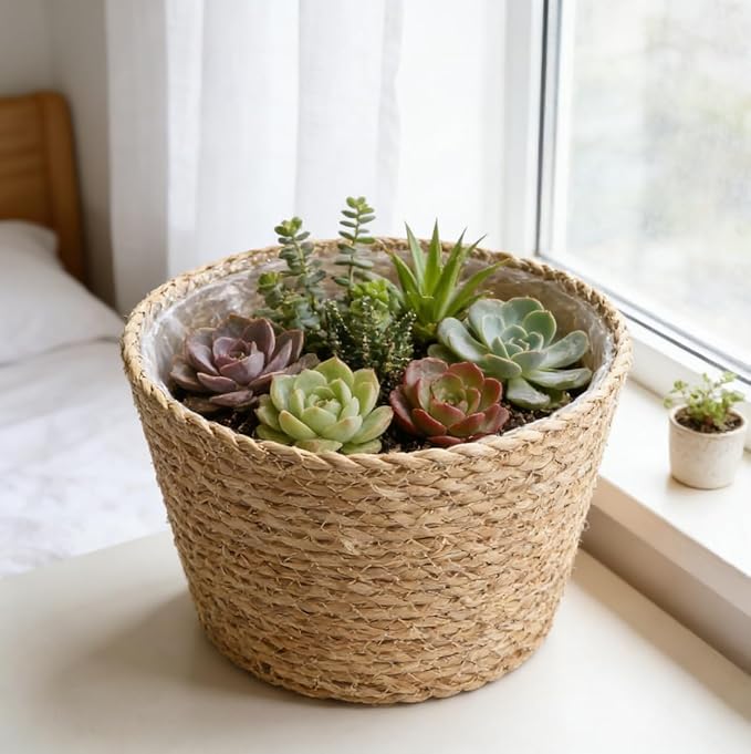 FOMIYES Home Decor Woven Straw Flower Pot Seagrass Planters Basket Garden Plant Pot Containers Wicker Rattan Vase Sundries Organizer Storage Bins for Indoor Outdoor Plants Vintage Decor