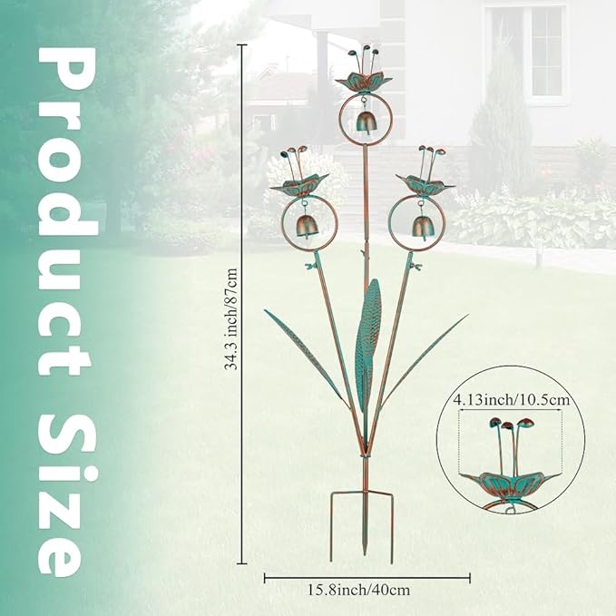Calla Lily Garden Stake with Bells, Metal Flower Decorative Garden Stakes, 34" H Yard Art for Outdoor Lawn Patio Pathway Decor, Copper Green
