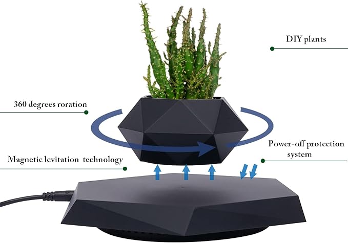 Floating Plant Pot for Small Plants, Magnetic Levitating Flower Pot Planter for Office Home Decoration, Black Hexagon Suspension Rotating Air Bonsai Planter Flower Pot