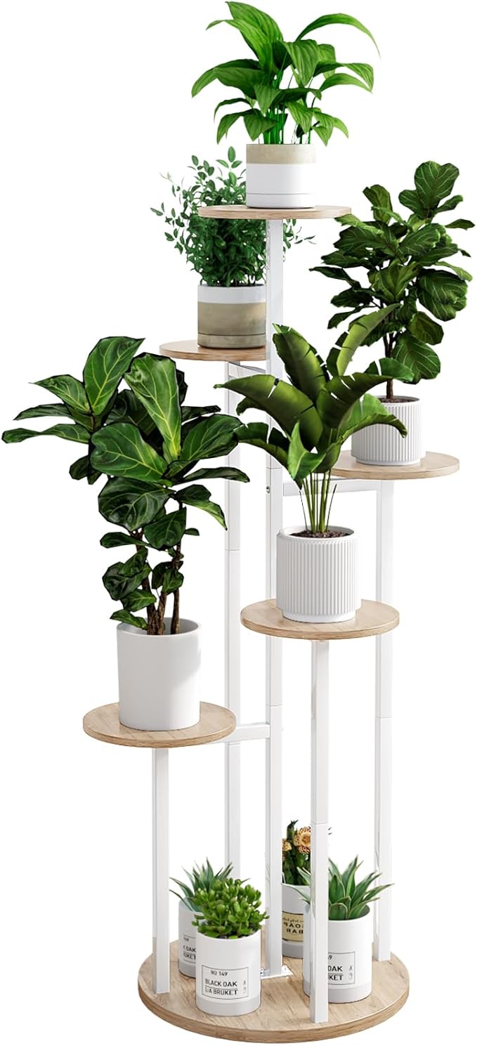 INGIORDAR Plant Stand Indoor Outdoor Corner Plant Shelf for Multiple Flower Pots Flower Stand Holder for Patio Garden Balcony Living Room (White+Sonoma Oak, 6 Tier)