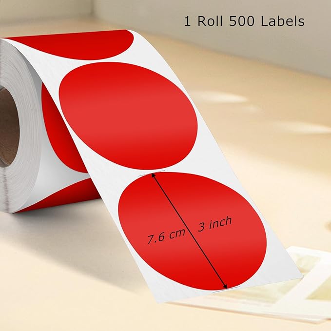 Red Circle Thermal Labels Vinyl 3 Inch Self-Adhesive Round Stickers Roll Waterproof Printer Decals Name Tag for QR Code DIY Office Address 500 PCS