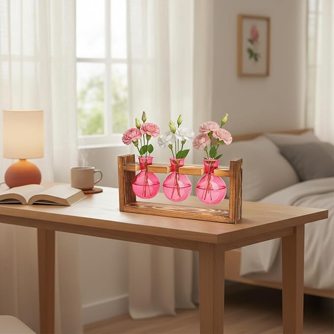 XXXFLOWER 3 Bulb Glass Propagation Station with Wooden Stand, Propagation Vase Propagated Plant Holders Tabletop Planter, Gardening Hydroponics Gifts Home Office Indoor Decor (Pink)