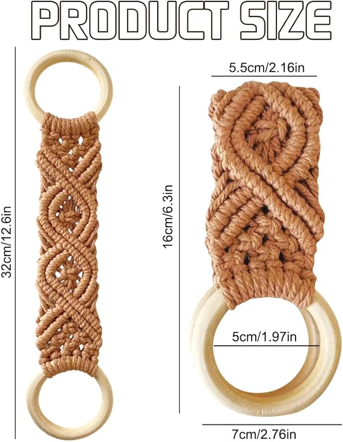 4 Pcs Boho Macrame Towel Holder Ring, Crochet Hanging Kitchen Dish Towel Holder, Handmade Kitchen Towel Hanger with Wood Hanging Loop for House Oven Stove Door