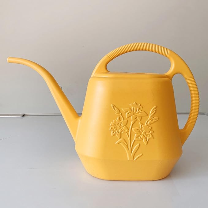 Watering Can 1 Gallon with Comfortable Handle, Flower Patterns Watering Can Indoor Plants, Plastic Long Spout Watering Can for House Plants Succulent Bonsai Garden Flower Outdoor (Yellow)