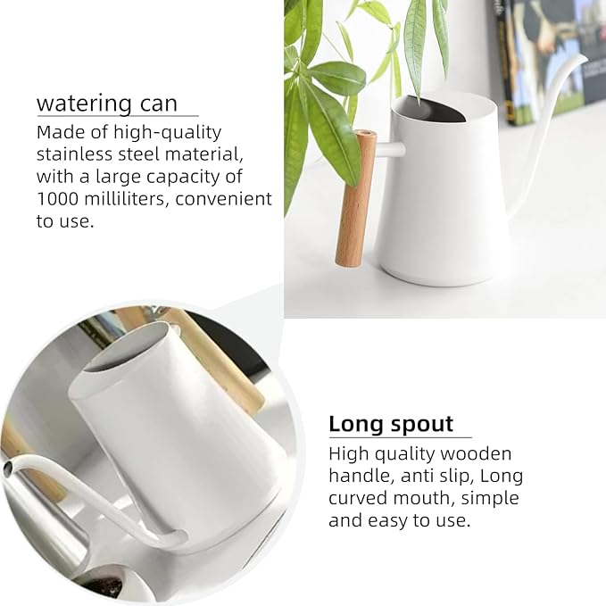 Indoor Watering Can with Long Spout, 34oz Capacity, White Metal with Wood Handle (White-W1)