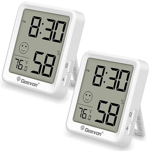 Geevon 2 Pack Mini Digital Hygrometer Gauge Indoor Thermometer with Time Display – LCD Monitor Temperature， Outdoor Humidity Meter for Home House Office Garden and Cellar
