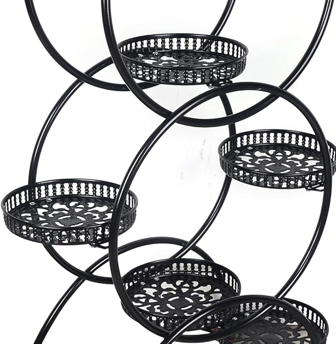 6 Tier Metal Plant Stand Indoor/Outdoor Multiple Flower Pot Holder Shelf with 9 Round Trays, Flower Pot Stand Plant Rack for Patio Living Room Corner Balcony, Black
