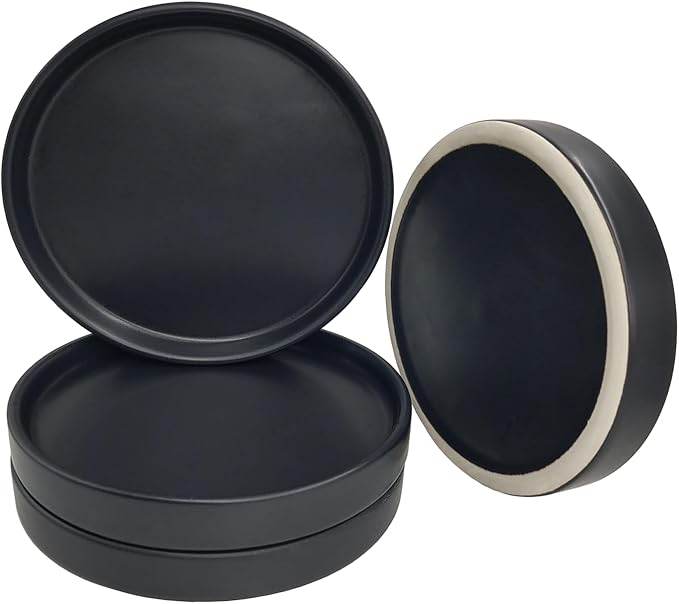 Yukfona Plant Saucer Pot Tray Planter Saucers 4 in, 5 6 7 8 9 10 11 12 Inch Black 4 Pack for Indoors Outdoor, Durable Sturdy Ceramic Flower Drainage Tray for Glazed Pots Base ((4.5"/4.1"-Black)