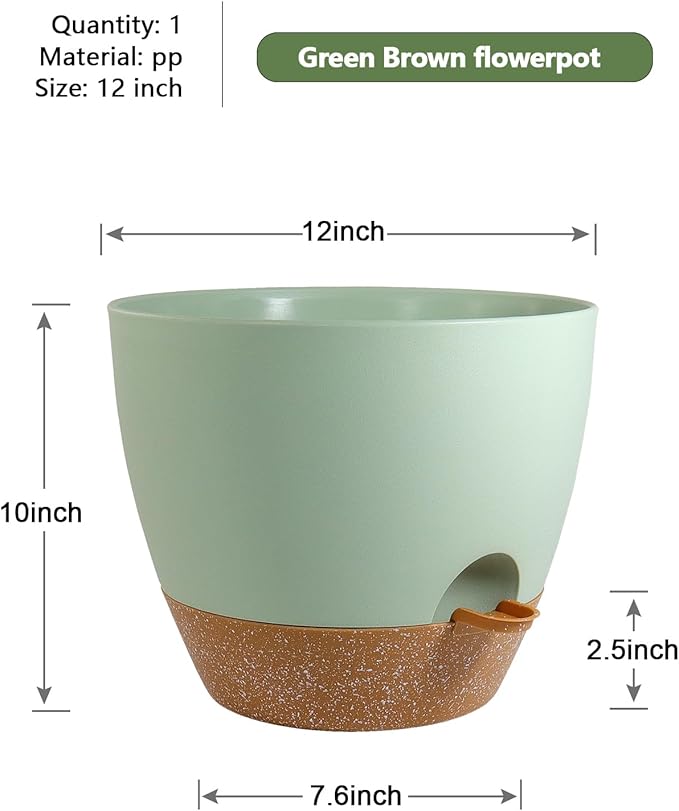 WSMKSZ 12 inch Large Self Watering Pots, Flower Plant Pots with Drainage Holes for Indoor Outdoor Garden Plants, Plastic Planters with Removable Deep Reservoir, Green with Brown