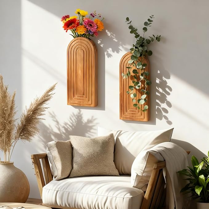 Set of 2 Wooden Wall-Mounted Vases for Dried Flowers, Boho Hanging Planters with Invisible Nails, Modern Farmhouse Home Decor for Living Room, Bedroom, Entryway, Bathroom