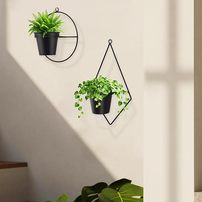 Geometric Wall Planters for Indoor Plants – Set of 2 Black Metal Wall Mounted Plant Holder (Round & Diamond Shapes) with 5 Inch Flower Pots, Modern haning planters for Indoor Outdoor Decor