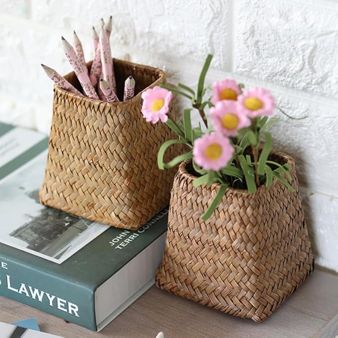 Ipetboom Wicker Flower Vase, Natural Seaweed Weave Basket Pastoral Rattan Vase Farmhouse Flower Basket, Dried Flower Pot Seagrass Storage Basket Organizer, 5.51 X 4.72 Inches