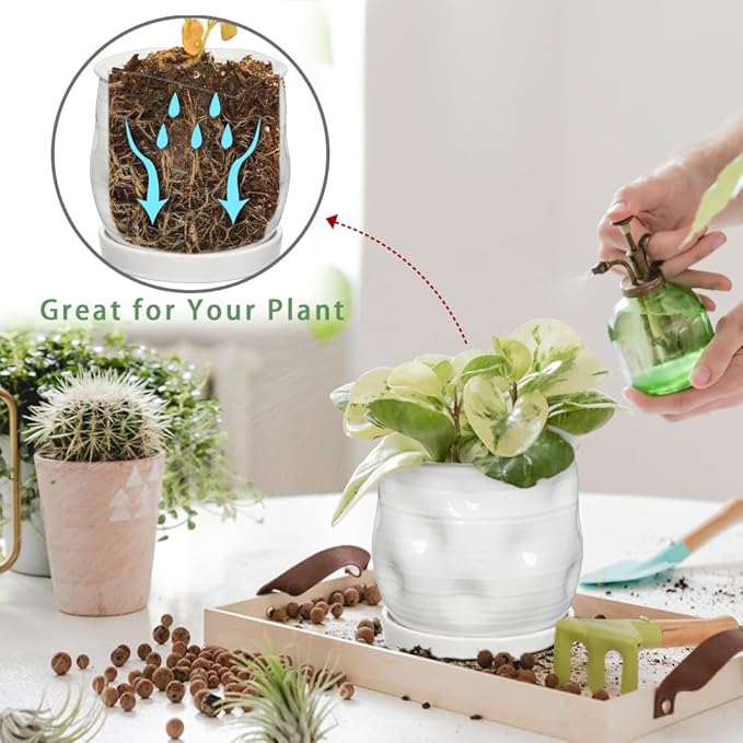 Oairse 5.7 inch Ceramic Pots for Plants, Plant Pot with Drainage Hole and Saucer White Ceramic Indoor Planter with Tray Decorative Flower Pots for Succulent, Cactus, Snake Plant, Herb Indoor Outdoor