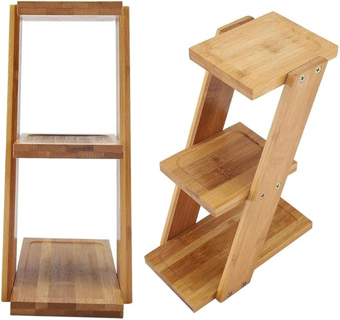 EBTOOLS Small Plant Stand, 3 Tiers Bamboo Desktop Plant Stand , 9.8x7.1x3.6 inch Indoor Outdoor Corner Small Multi Tiered Mini Plant Shelves for Multiple Plants