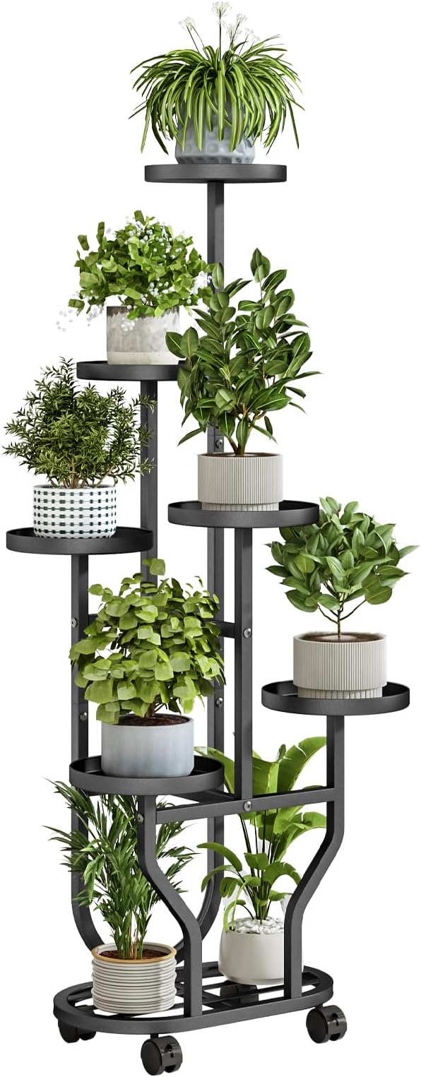 Plant Stand with Wheels 6 Tier Metal Flower Shelf for Indoor Outdoor Corner Multiple Plants Holder Rack for Bedroom Living Room Garden Balcony Yard Black (Black, 6 Tier)